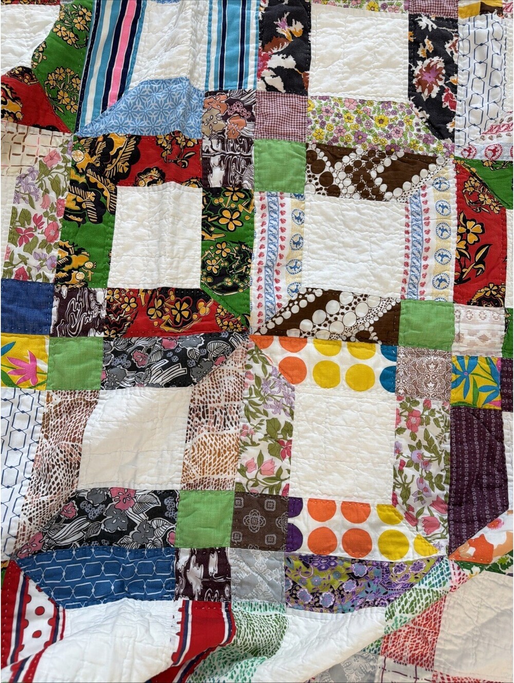 VTG 1970s Quilt Hand Stitched Squares Awesome Retro Fabrics Colorful 56x77” - Picture 11 of 15